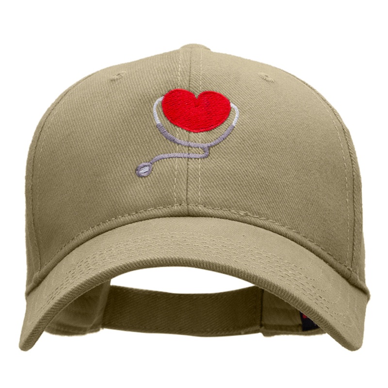 Medical Heart Embroidered Denim Cotton Twill Cap Khaki One Size