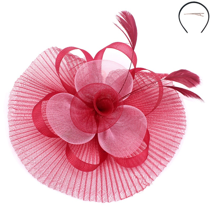 Pleated Mesh Two Tone Flower Fascinator Burgundy