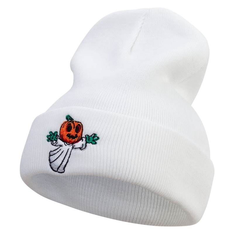 Pumpkin Ghost Flying Embroidered 12 Inch Long Knitted Beanie White One Size