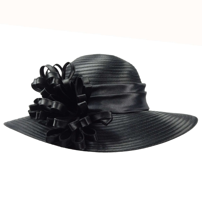 Satin Braid Dress Hat with Loopy Floral Accent Black