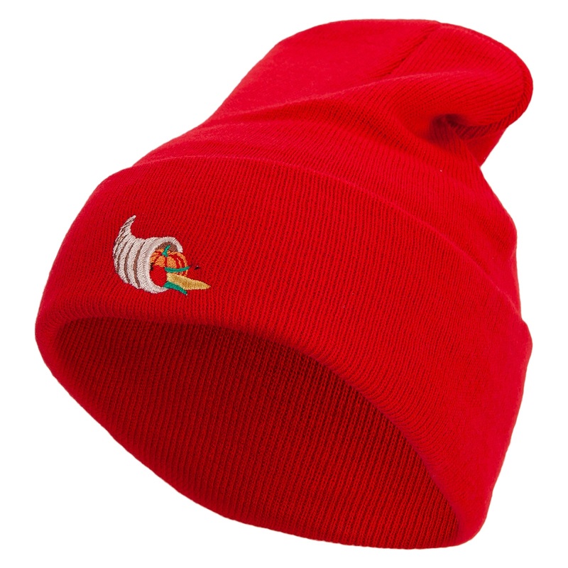 Thanksgiving Cornucopia Embroidered 12 inch Acrylic Cuffed Long Beanie Red One Size