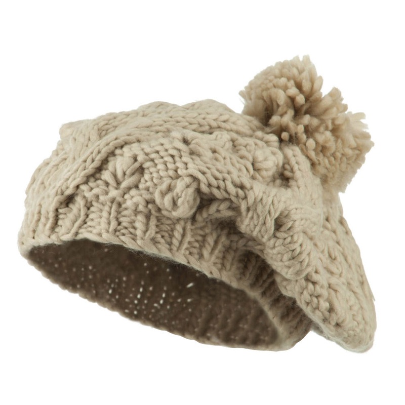 Twist Beret Knitted with Pom Pom Beige One Size