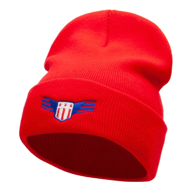 Winged USA Seal Embroidered 12 Inch Long Knitted Beanie Red One Size