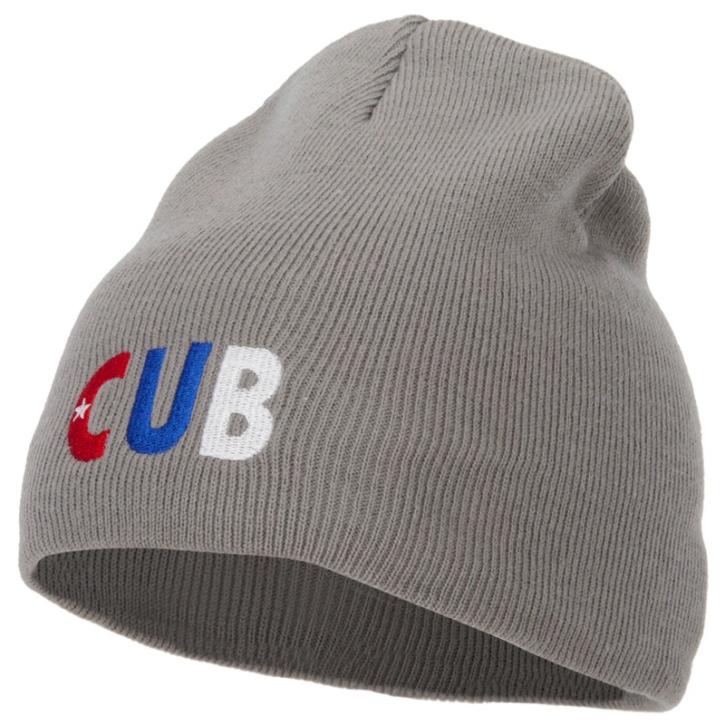 Cuba Country Three-Letter CUB Flag Embroidered 8 Inch Knitted Short Beanie Lt Grey One Size