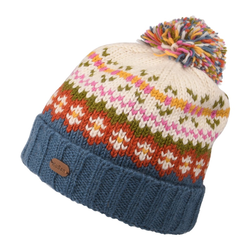 Kusan Mosaic Fair Isle Bobble Hat – Cream-Blue 1-Size