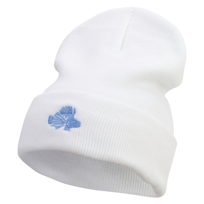 Lion Fish Embroidered 12 Inch Long Knitted Beanie White One Size