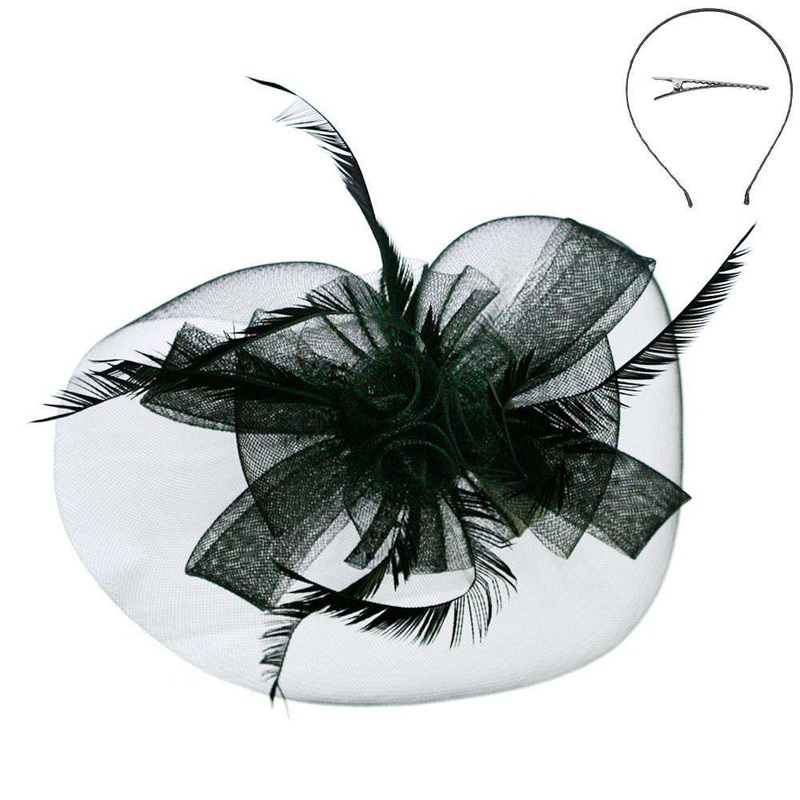Mesh Flower and Feather Headband Black