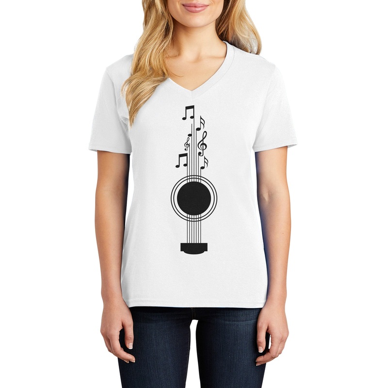 Music Notes Guitar Ladies Big Size Core Cotton V neck T-Shirt White XS