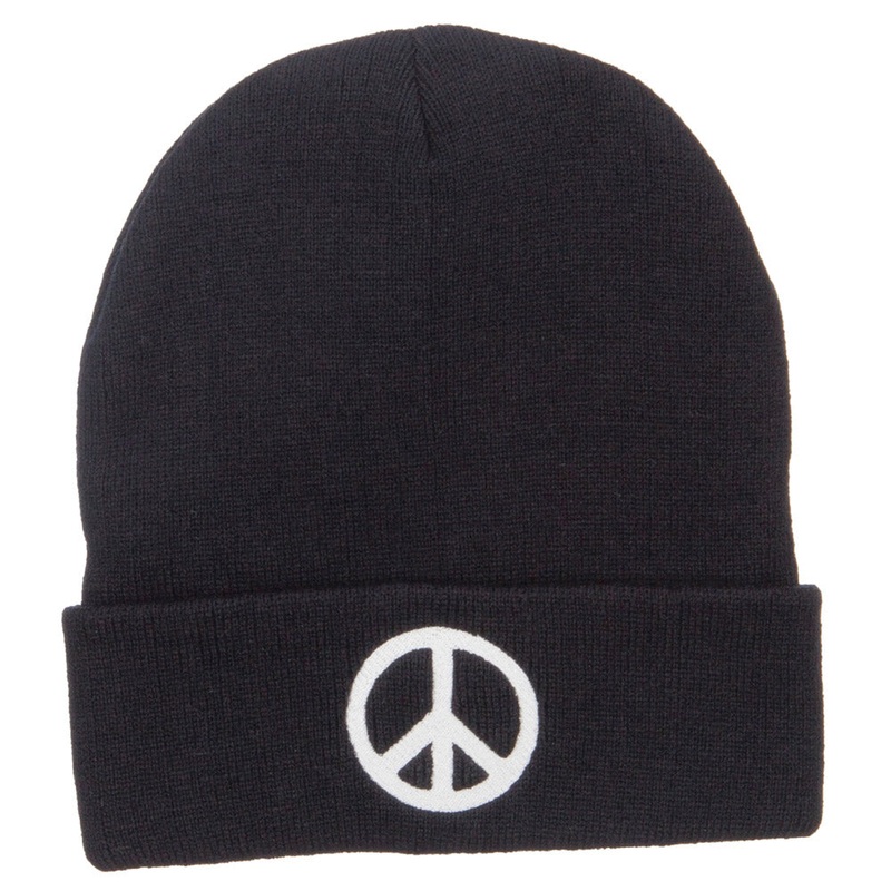 Peace Symbol Embroidered Long Beanie Black One Size