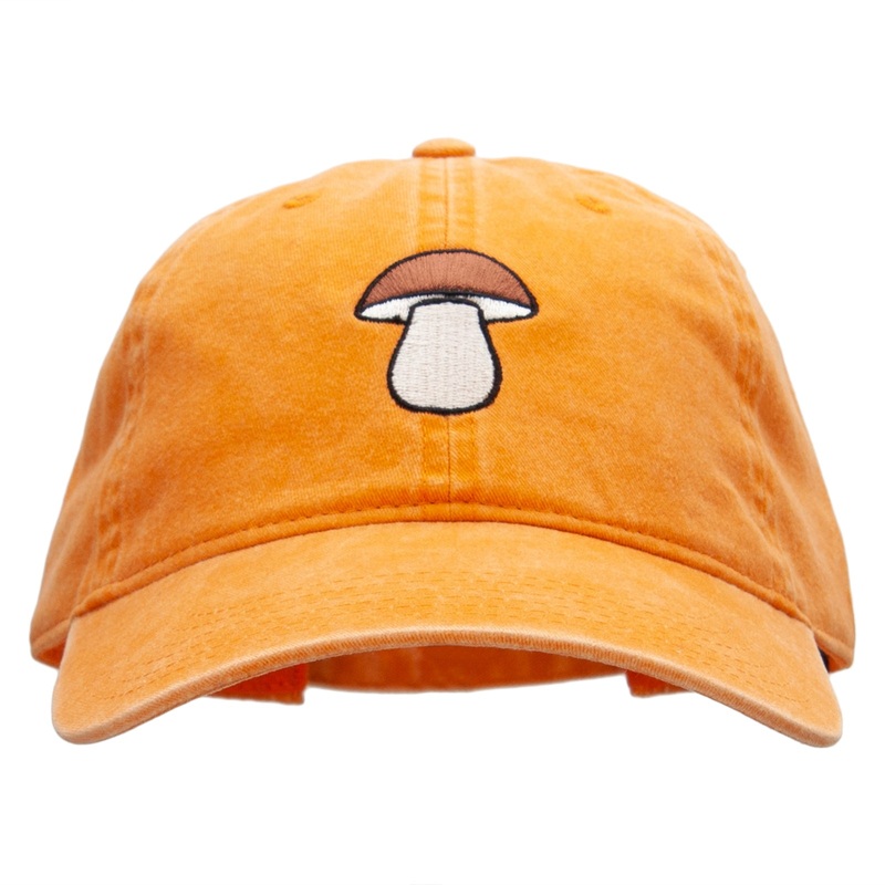 Porcini Mushroom Embroidered Washed Cotton Brass Buckle Cap Orange One Size