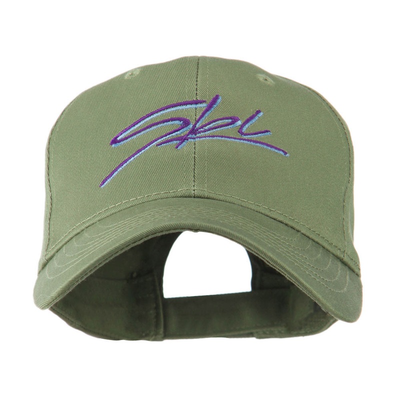 Ski Wording in Cursive Embroidered Cap Olive One Size