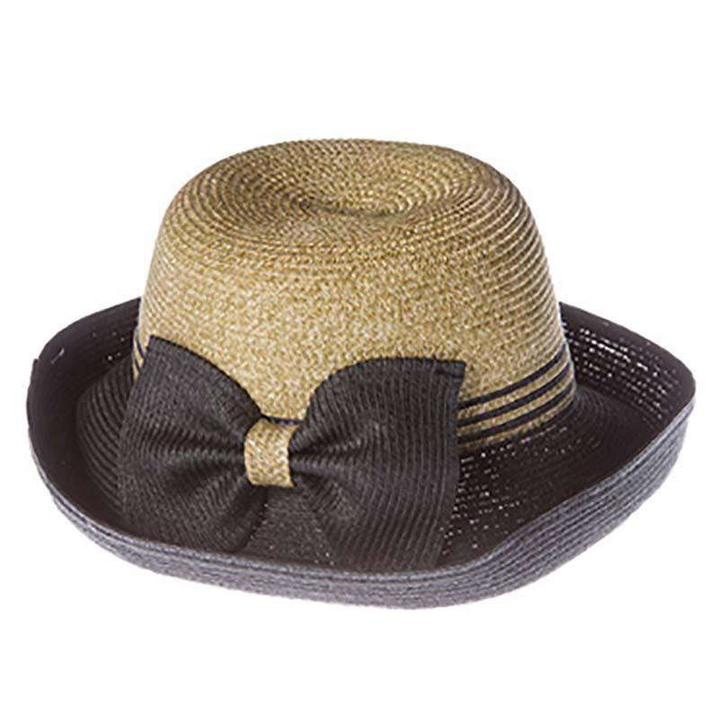 Two Tone Kettle Brim Sun Hat with Bow Black