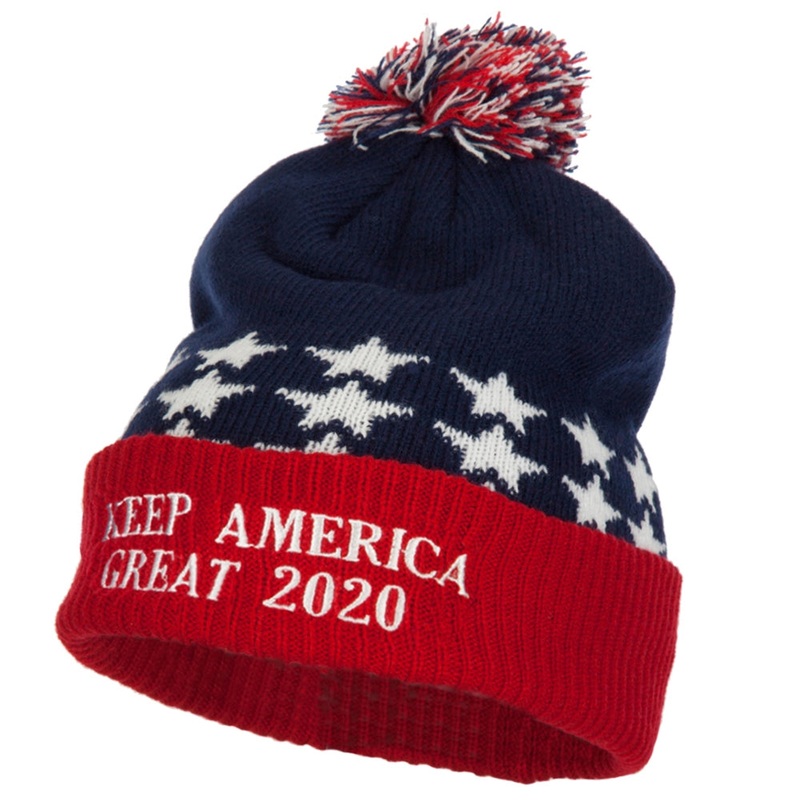 Keep America Great 2020 Letters Embroidered USA Flag Cuffed Pom Long Beanie Red Blue One Size