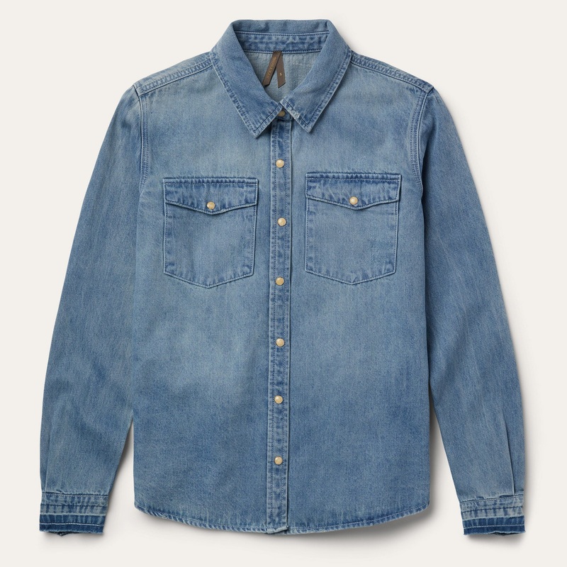 Loose Fit Denim Snap-Front Shirt Blue XS