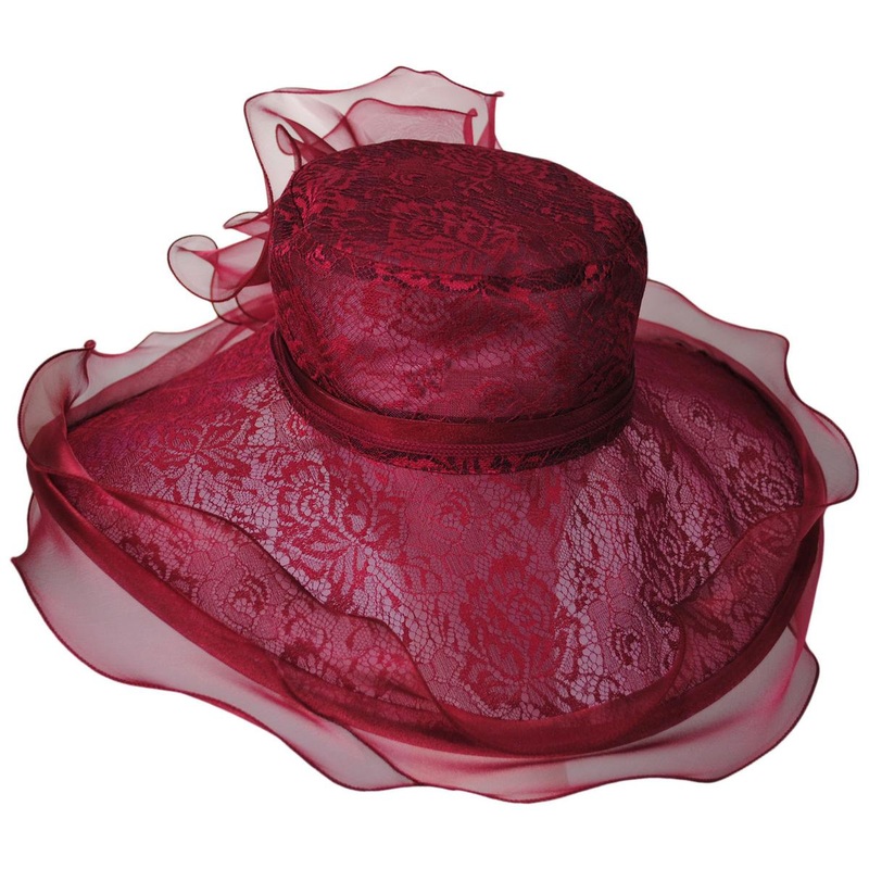 Organza Lace Boater Dress Hat RED ONE SIZE FITS MOST