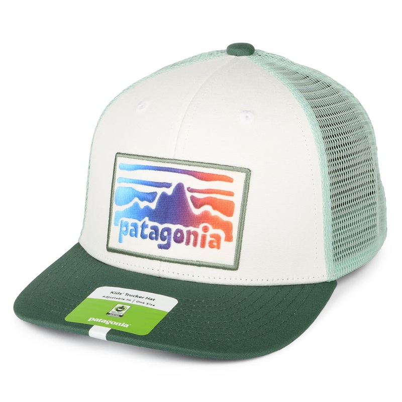 Patagonia Hats Kids Rambler Organic Cotton Trucker Cap – White-Turquoise CHILD ADJ.