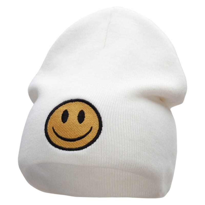 Smile Full Face Logo Embroidered Short Beanie White One Size