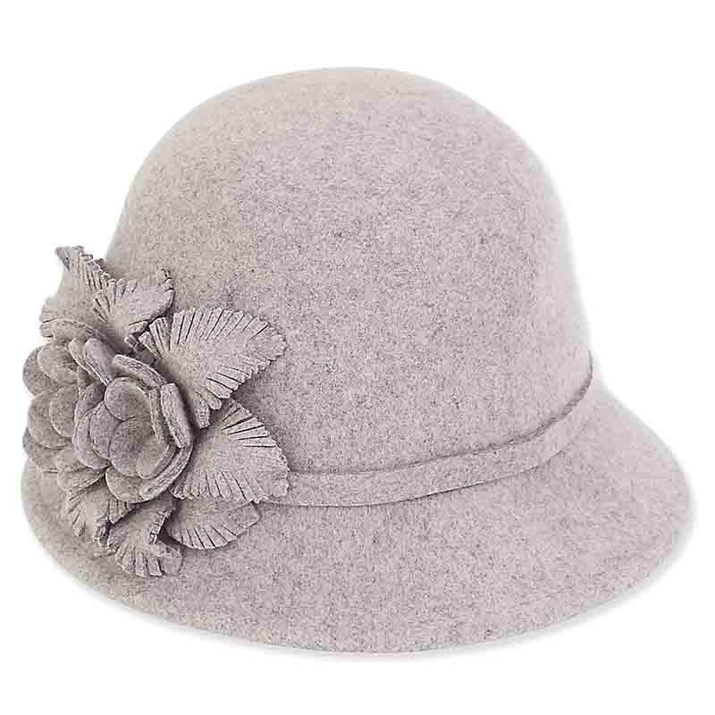 Adora Wool Hat – Wool Felt Cloche with Self Floral Duo Light Grey Medium (57 cm)