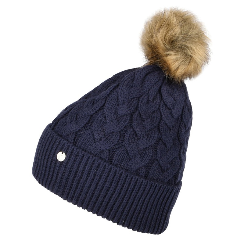 Joules Hats Elena Cable Knit Faux Fur Pom Bobble Hat – Navy Blue 1-Size