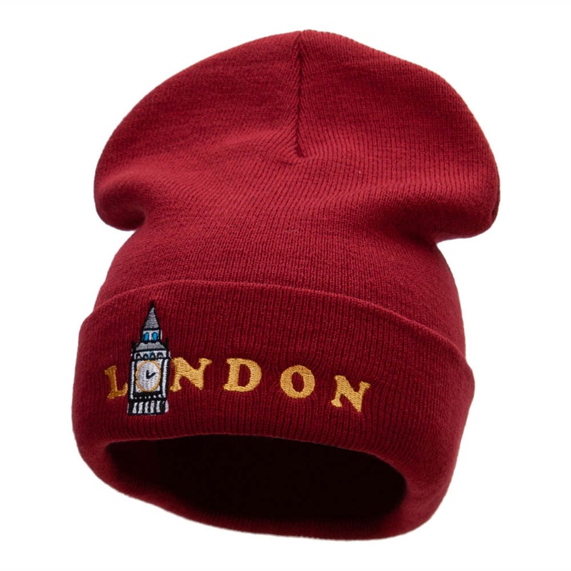 London Big Ben Embroidered 12 Inch Long Knitted Beanie Maroon One Size