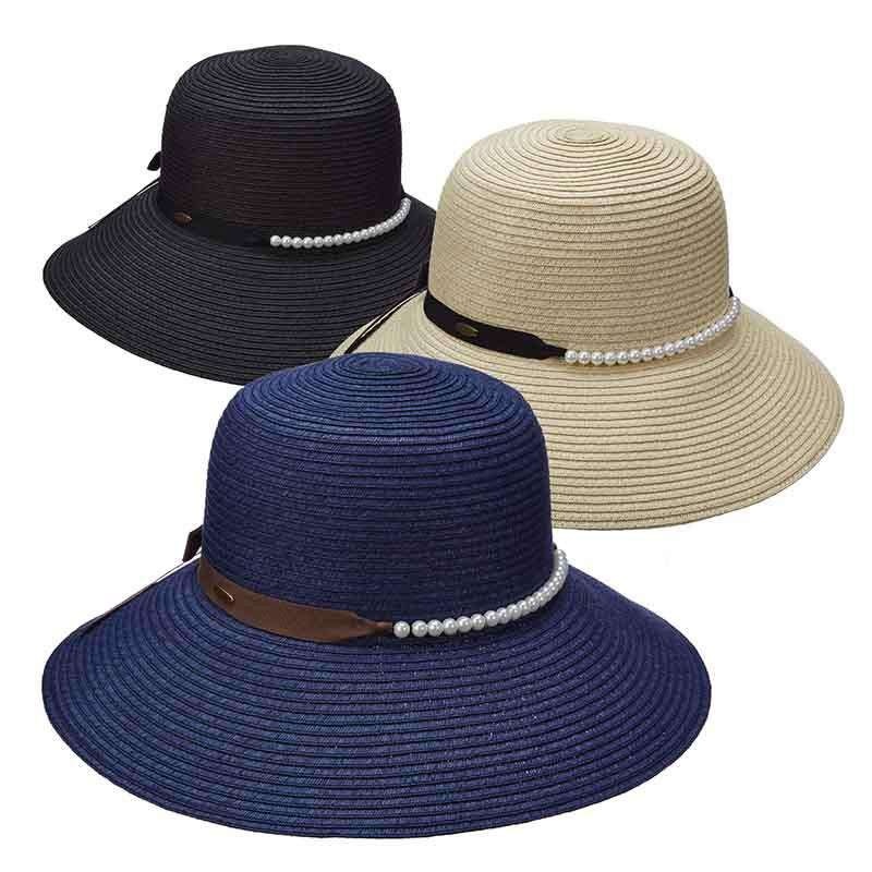 Shapeable Brim Summer Hat with Pearl Bead Band – Scala Hats Navy
