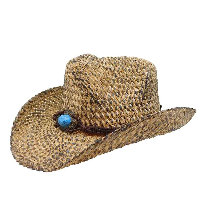 Small Size Straw Cowboy Hat with Turquoise Concho – Milani Hats Tan / Black Small (55 cm)