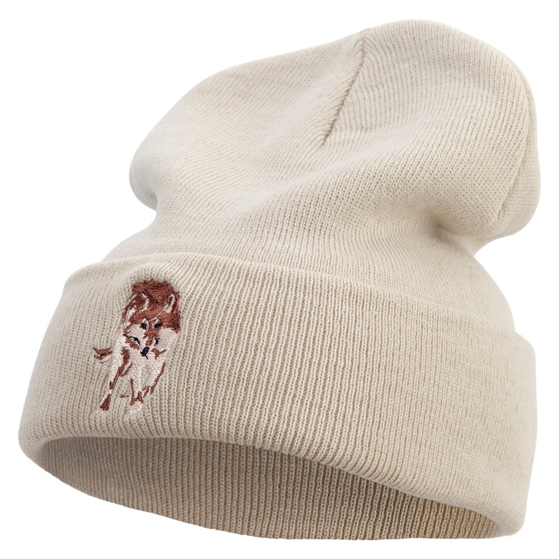 Wild Wolf Embroidered 12 Inch Long Knitted Beanie Birch One Size