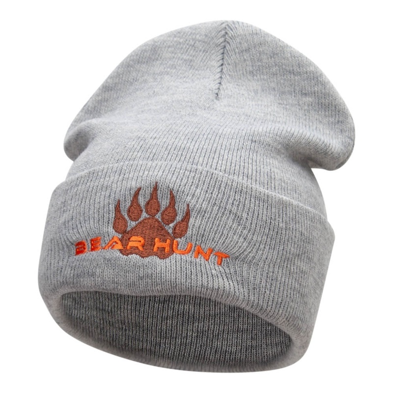 Bear Hunt Embroidered 12 Inch Solid Long Beanie Made in USA Light Grey One Size