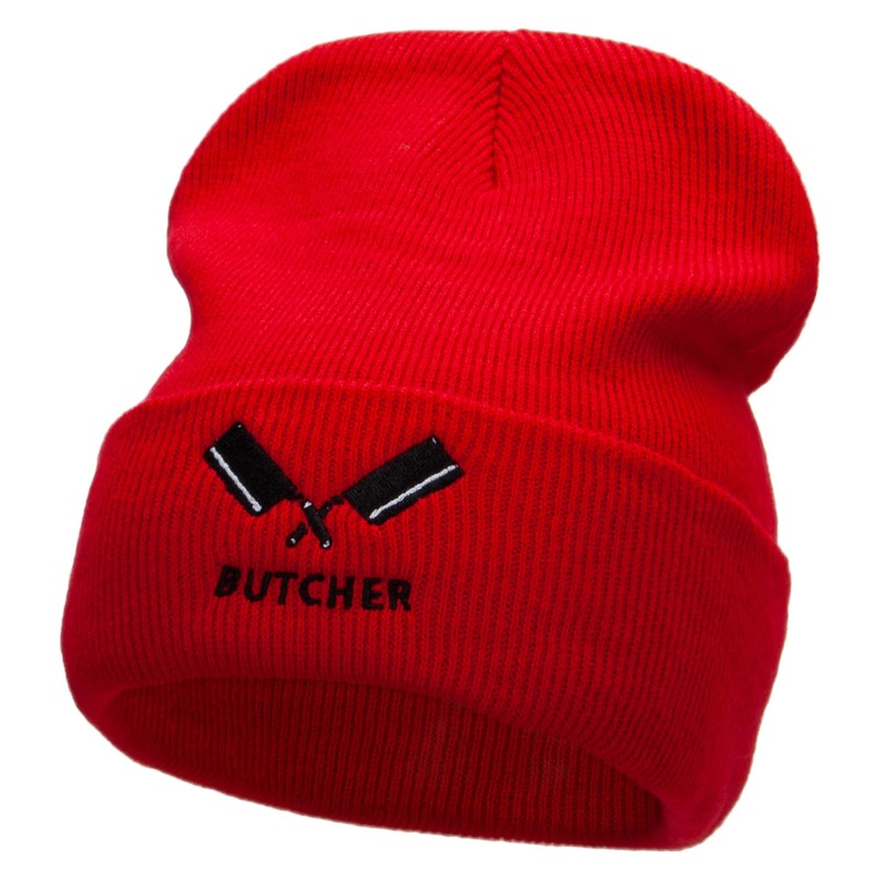 Butcher Embroidered 12 Inch Long Knitted Beanie Red One Size
