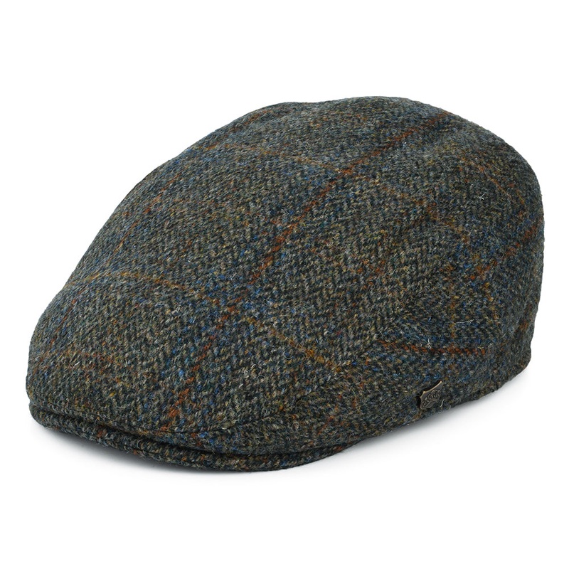 Failsworth Hats HARRIS TWEED Windowpane Herringbone Stornoway Flat Cap – Olive-Blue-Rust 55