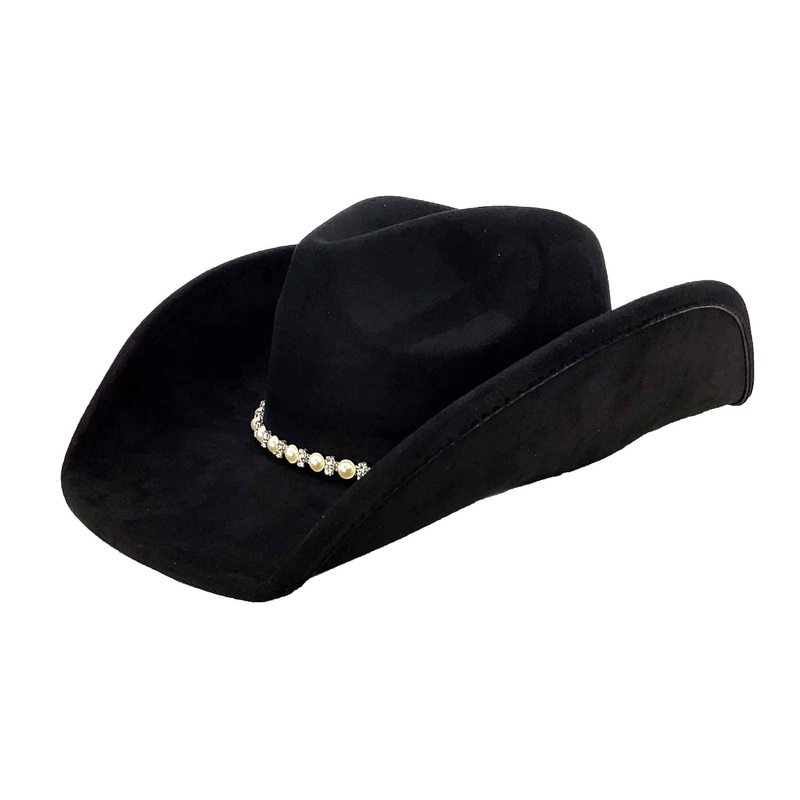 Faux Suede Western Hat with Rhinestone and Pearl Band – Boardwalk Style Black Medium (57.5 cm)