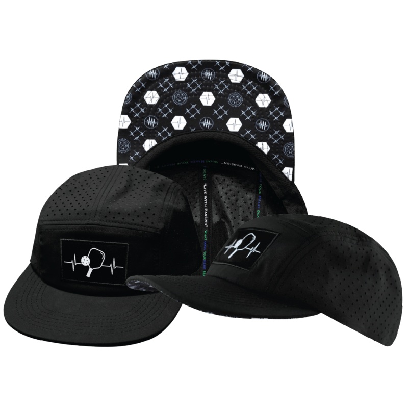 Pickleball Hat – 5 Panel – Black – Laser Mesh