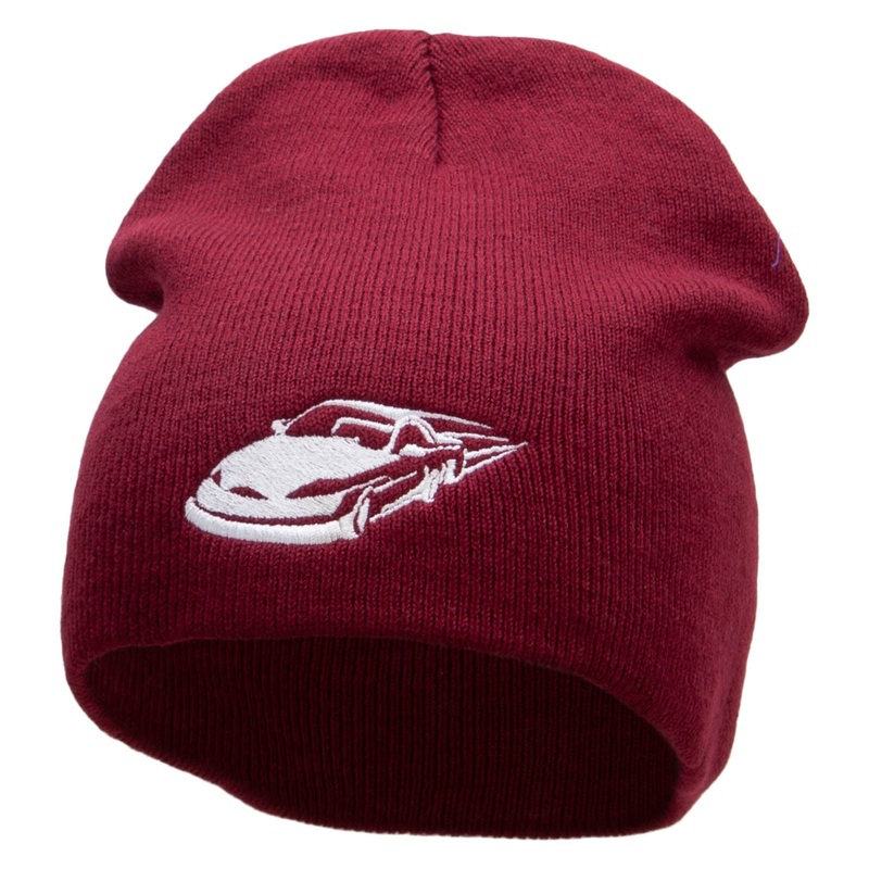 Speeding Car Embroidered 8 inch Acrylic Short Blank Beanie Maroon One Size