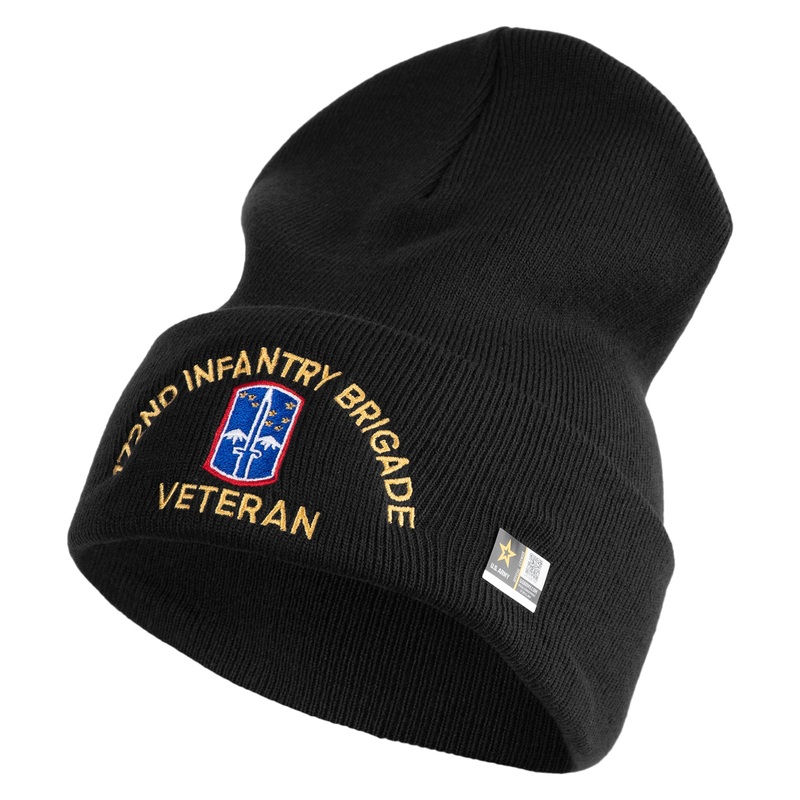 U.S. Army 172nd Infantry Brigade Logo Embroidered 12 Inch Solid Knit Cuff Long Beanie Made in USA Black One Size
