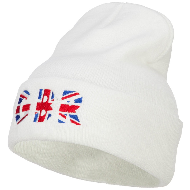 United Kingdom GBR Flag Embroidered Long Beanie White One Size