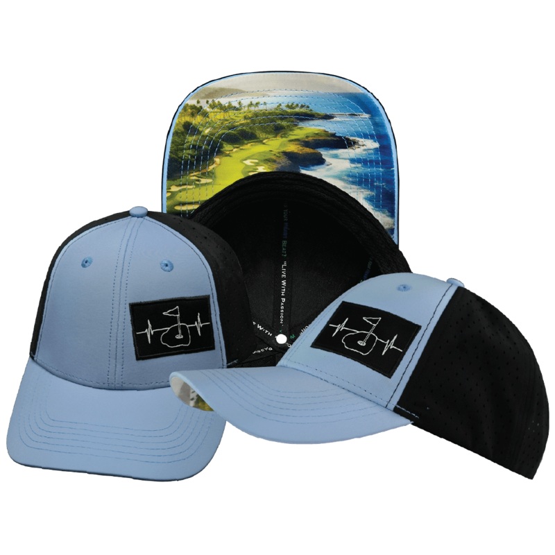 Golf Hat – Low Profile – Ponytail – Baby Blue / Black – Laser Mesh