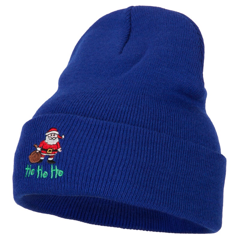 Ho Ho Ho Santa Embroidered Long Knitted Beanie Royal One Size