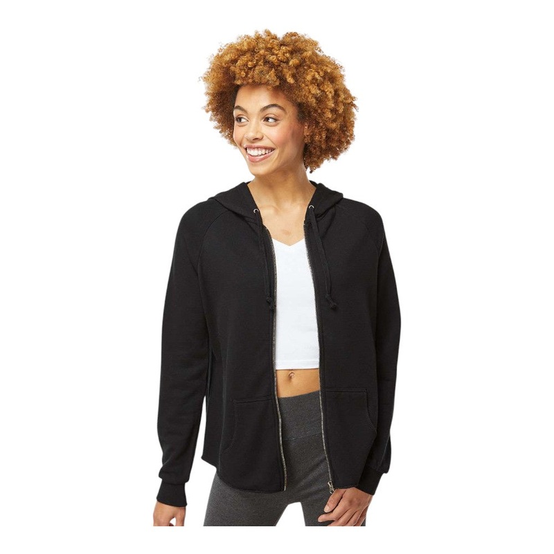Independent Trading Co PRM2500Z Women’s California Wave Wash Full-Zip Hooded Sweatshirt Black XS