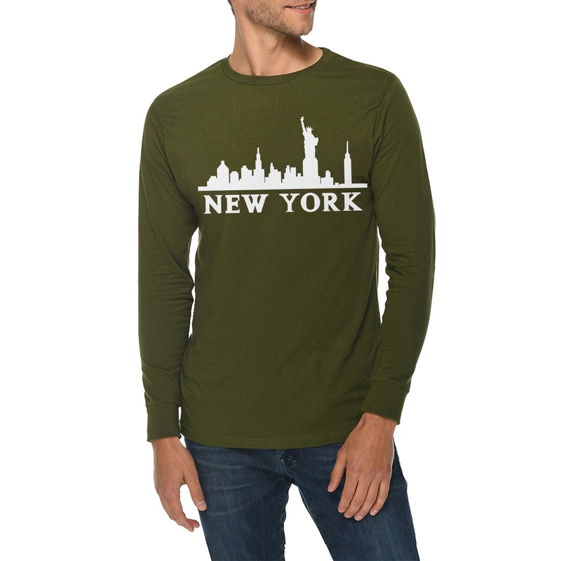 Statue of Liberty Skyline Graphic Long Sleeve Crewneck Tee Army Green XS