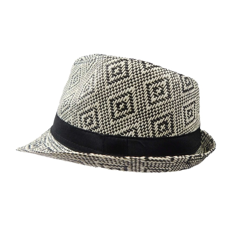 Summer Trilby Hat with Geometric Pattern Ivory / Black L/XL