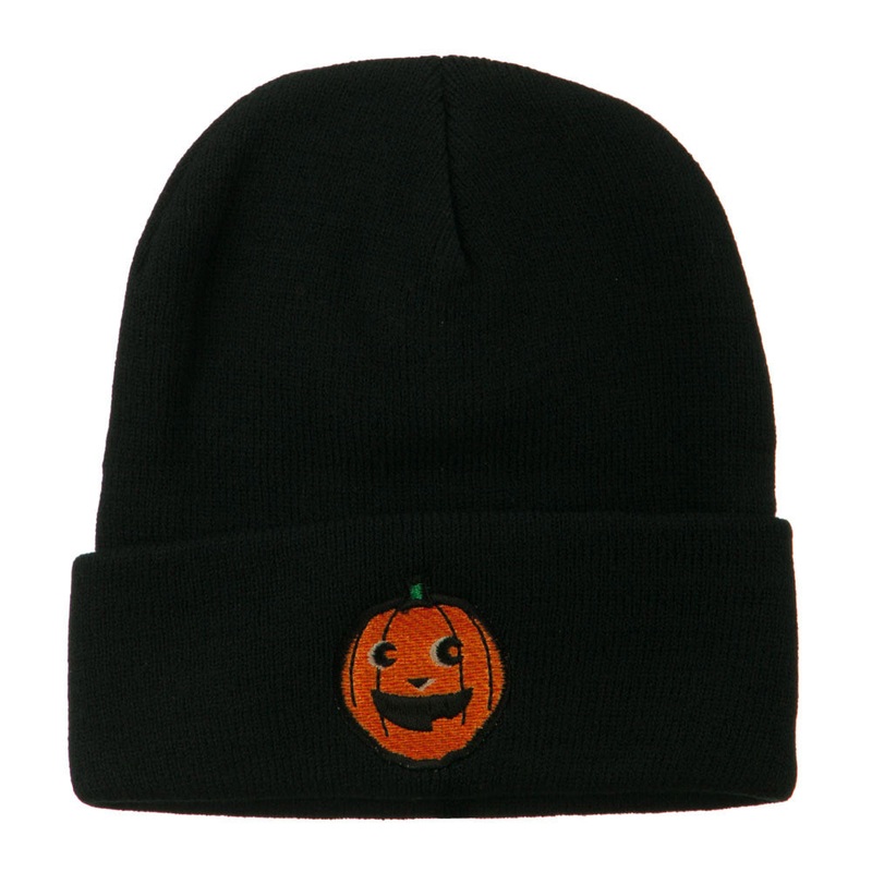Halloween Happy Pumpkin Face Embroidered Long Beanie Black One Size