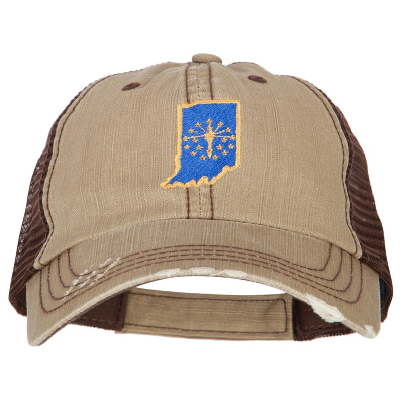 Indiana State Flag Map Embroidered Low Profile Cotton Mesh Cap Khaki Brown One Size