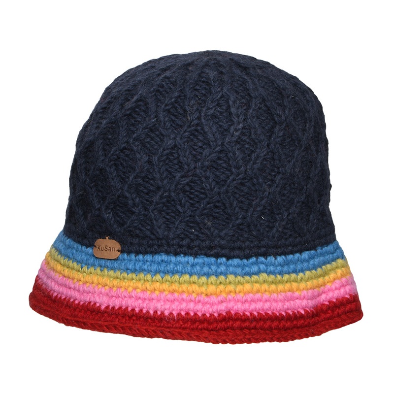 Kusan Diamond Knit Striped Brim Bucket Hat – Navy-Rainbow 1-Size