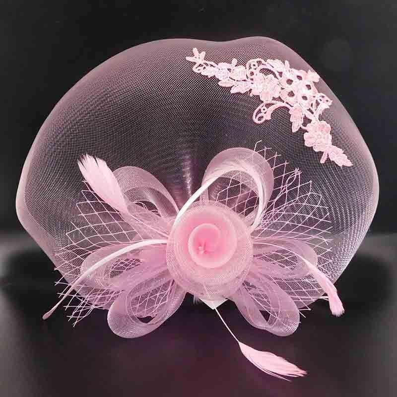 Large Embroidered Mesh Veil Fascinator Pink