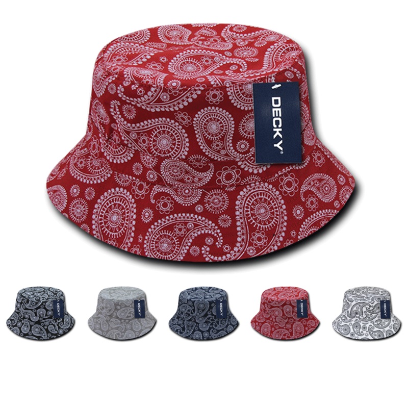 Lot of 12 Decky Paisley Bucket Hats Fisherman Hats Bulk, Bandana Pattern Black S/M