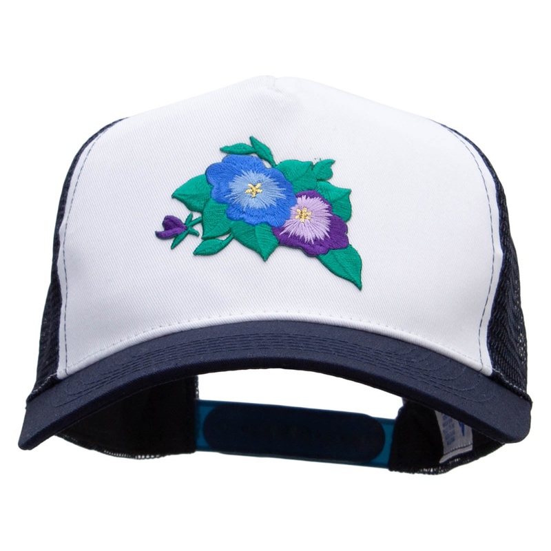 Pansies Flower Patched 5 Panel High Profile Poly Cotton Twill Mesh Trucker Cap White Navy One Size