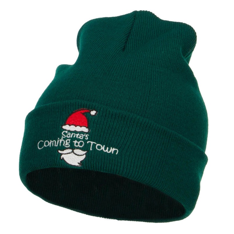 Santa Coming To Town Embroidered Long Beanie Dk Green One Size