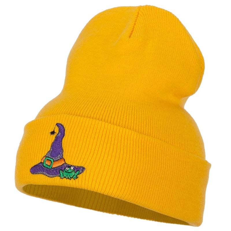 Witch Hat and Frog Embroidered Long Beanie Yellow One Size