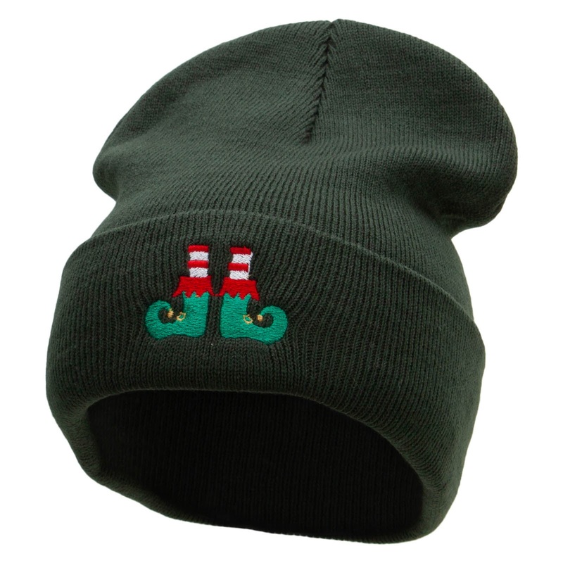 Elf Shoes Embroidered 12 Inch Long Knitted Beanie Olive One Size