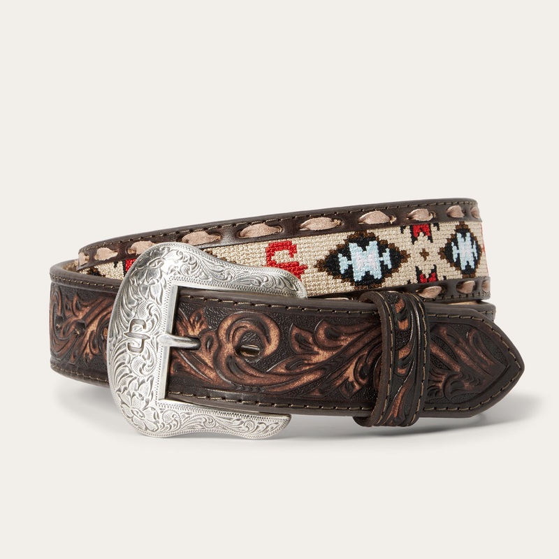 Embroidered Tooled Tab Belt Vintage Brown 32